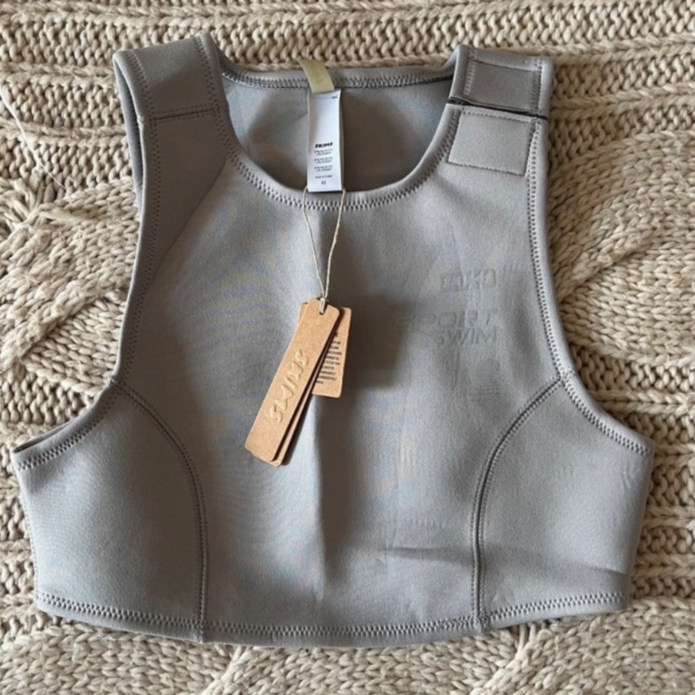 SKIMS Sport Swim Neoprene high neck Crop Top chrome Gray XS Velcro shoulder NWT